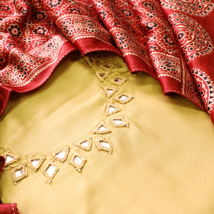 Ishaani Butter Yellow Mirror Neck Work Modal Suit Set with Mashru Dupatta