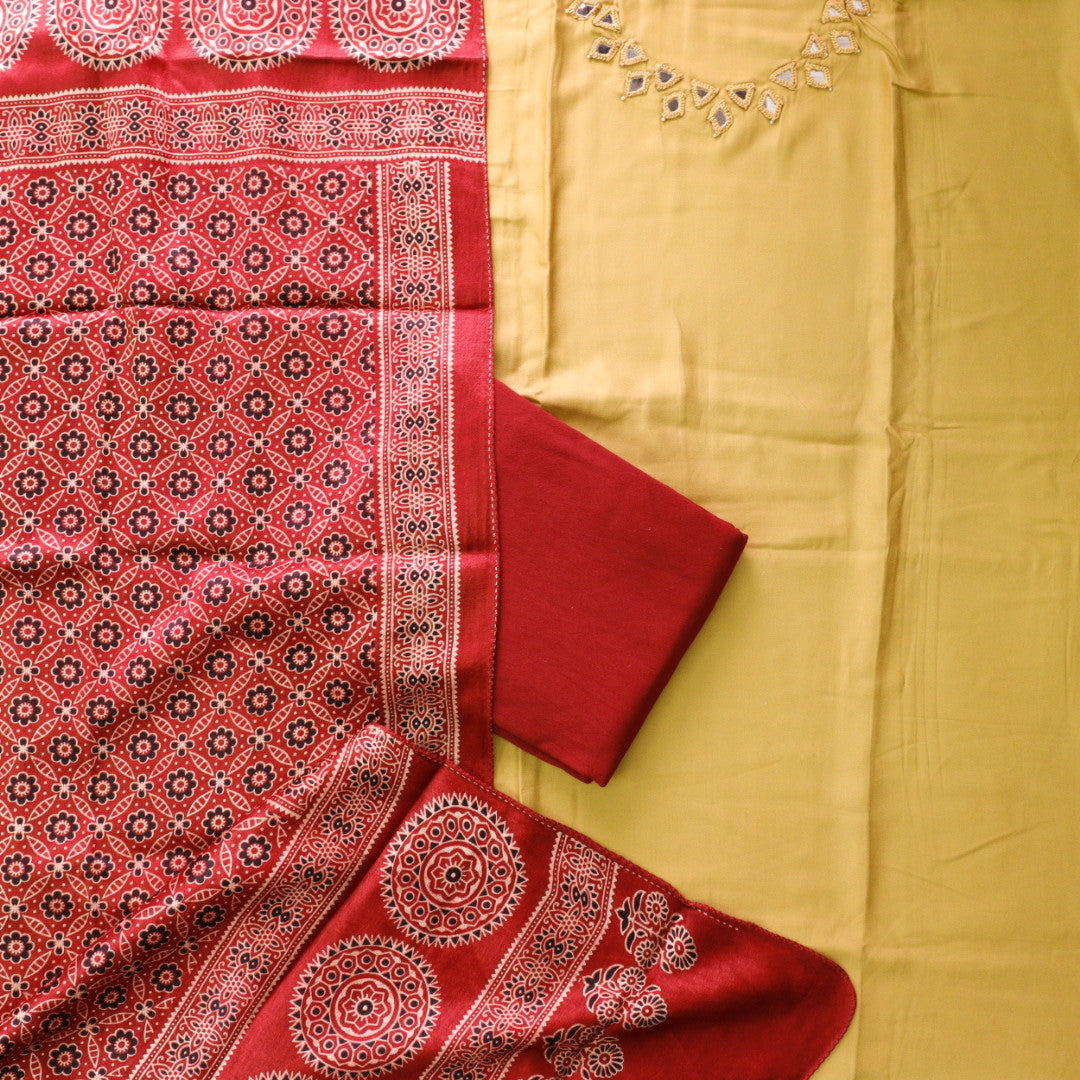 Ishaani Butter Yellow Mirror Neck Work Modal Suit Set with Mashru Dupatta