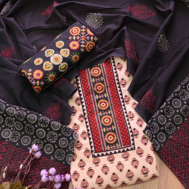 Kaya Beige with Black Kutch Patch Neck Work Ajrak Printed Cotton Suit Set