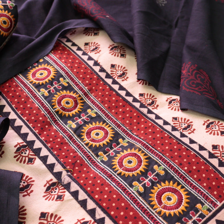 Kaya Beige with Black Kutch Patch Neck Work Ajrak Printed Cotton Suit Set