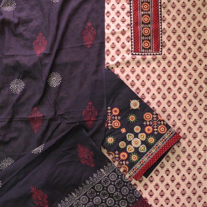 Kaya Beige with Black Kutch Patch Neck Work Ajrak Printed Cotton Suit Set