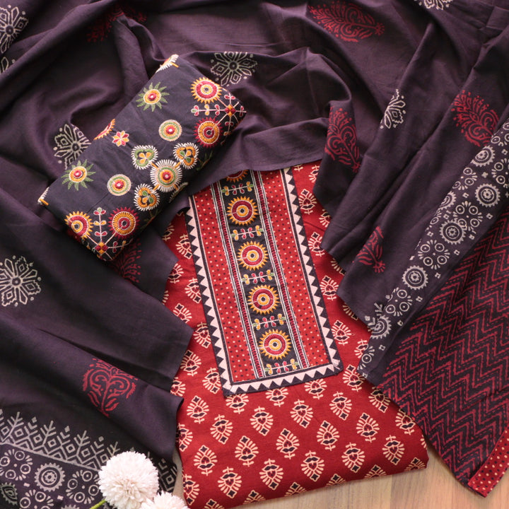 Kaya Berry Red Kutch Patch Neck Work Ajrak Printed Cotton Suit Set
