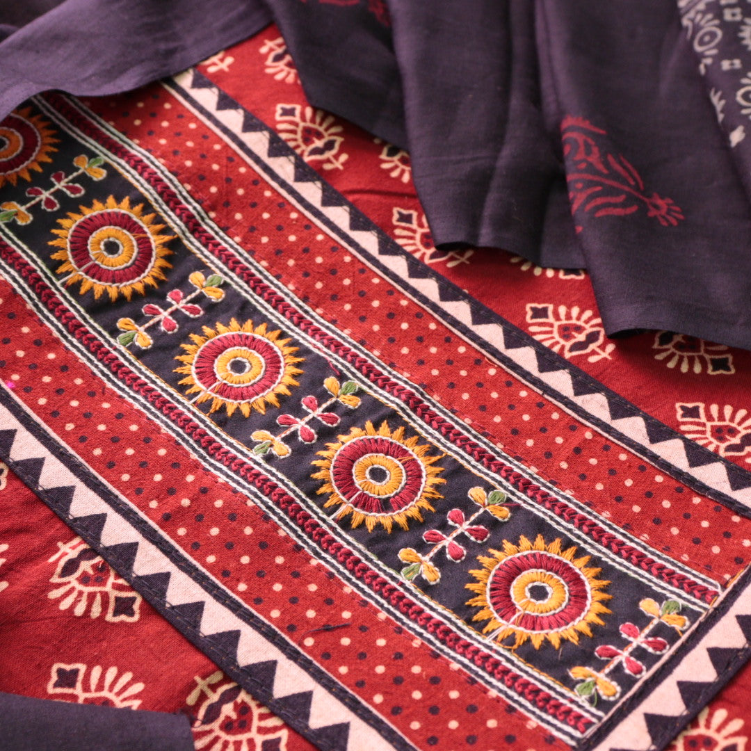 Kaya Berry Red Kutch Patch Neck Work Ajrak Printed Cotton Suit Set