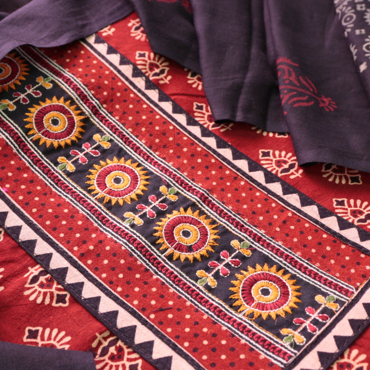 Kaya Berry Red Kutch Patch Neck Work Ajrak Printed Cotton Suit Set