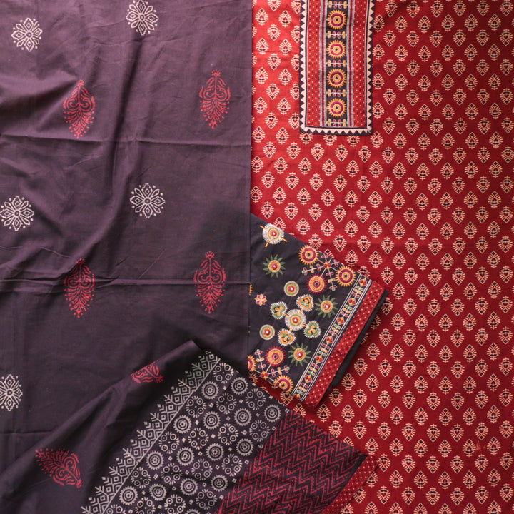 Kaya Berry Red Kutch Patch Neck Work Ajrak Printed Cotton Suit Set