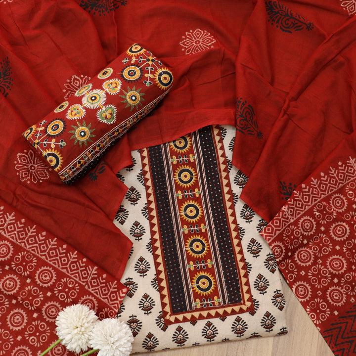 Kaya Beige with Red Kutch Patch Neck Work Ajrak Printed Cotton Suit Set