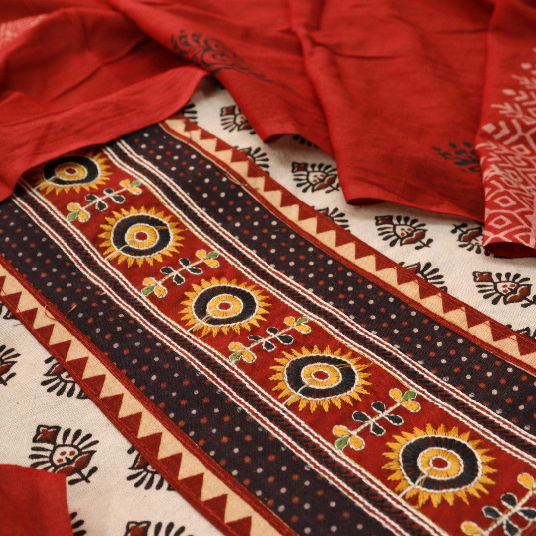Kaya Beige with Red Kutch Patch Neck Work Ajrak Printed Cotton Suit Set