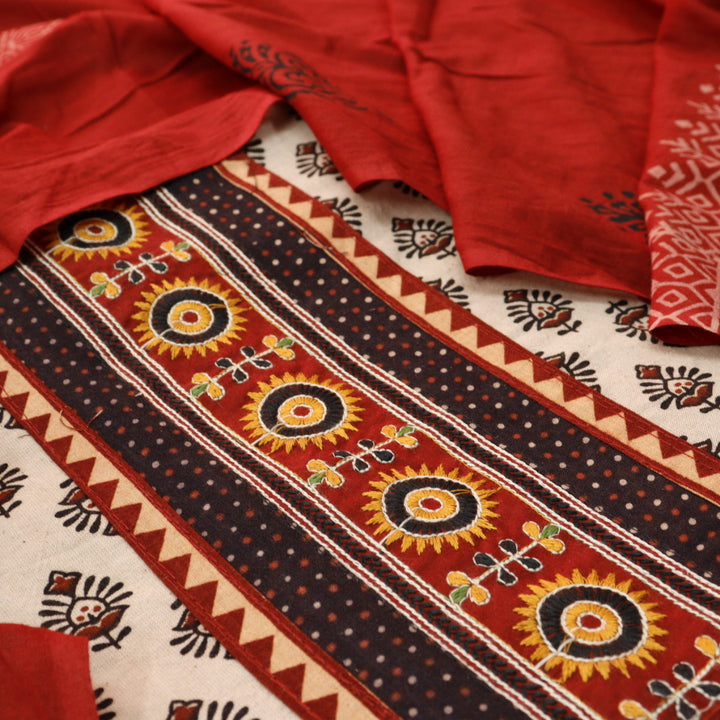 Kaya Beige with Red Kutch Patch Neck Work Ajrak Printed Cotton Suit Set