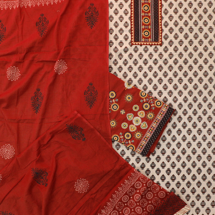 Kaya Beige with Red Kutch Patch Neck Work Ajrak Printed Cotton Suit Set