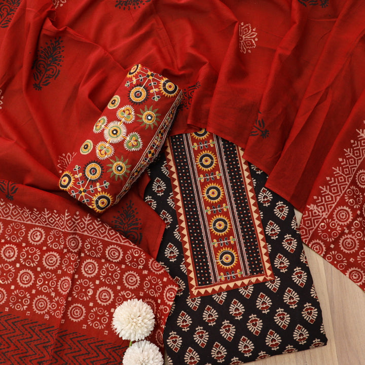 Kaya Night Black Kutch Patch Neck Work Ajrak Printed Cotton Suit Set
