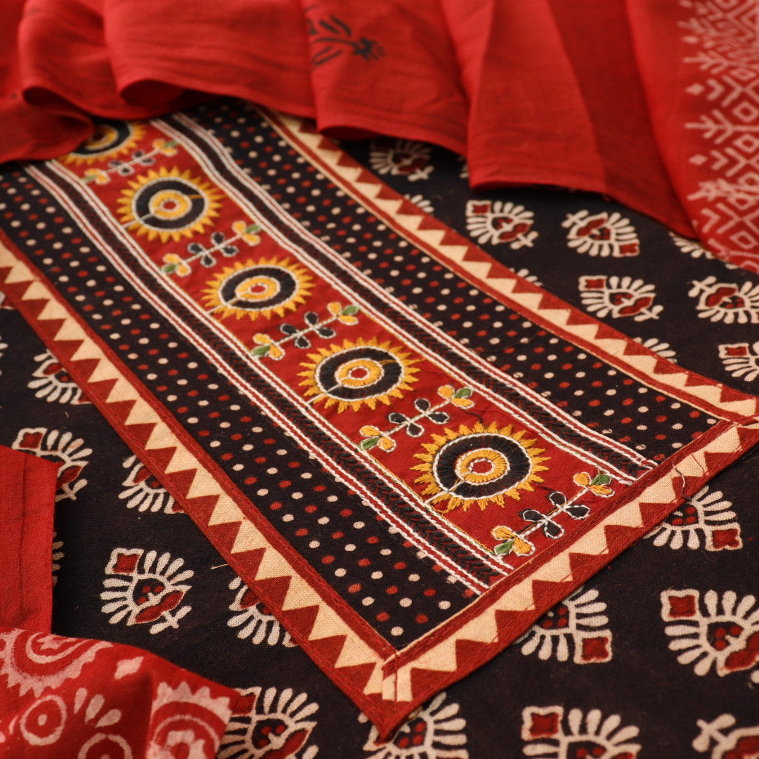 Kaya Night Black Kutch Patch Neck Work Ajrak Printed Cotton Suit Set