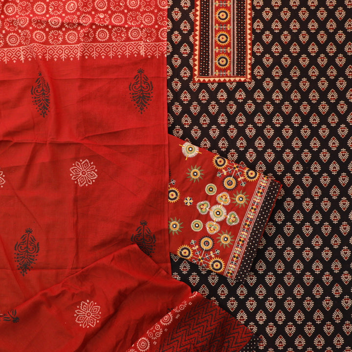 Kaya Night Black Kutch Patch Neck Work Ajrak Printed Cotton Suit Set