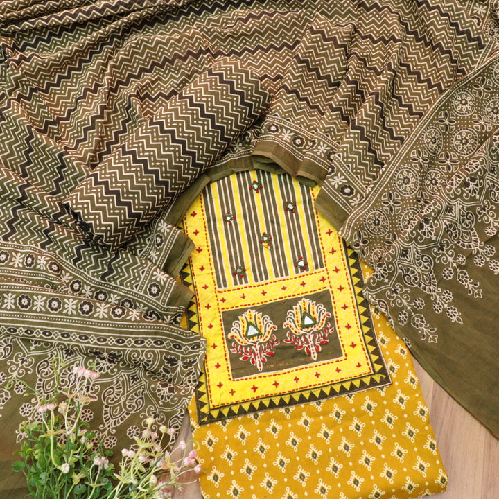 Rubayat Dijon Yellow Mirror Neck Work in Printed Cotton Suit Set