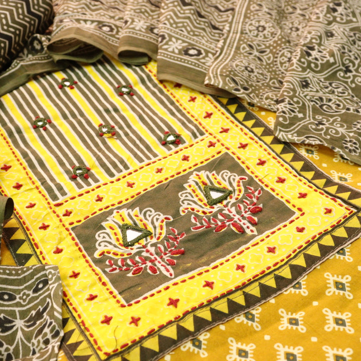 Rubayat Dijon Yellow Mirror Neck Work in Printed Cotton Suit Set