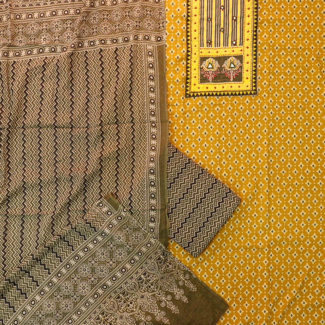 Rubayat Dijon Yellow Mirror Neck Work in Printed Cotton Suit Set