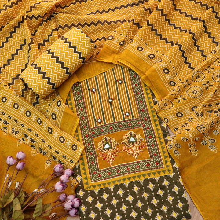 Rubayat Grass Green Mirror Neck Work in Printed Cotton Suit Set