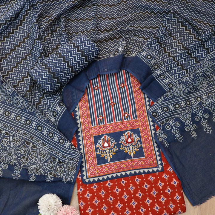 Rubayat Carnation Red Mirror Neck Work in Printed Cotton Suit Set
