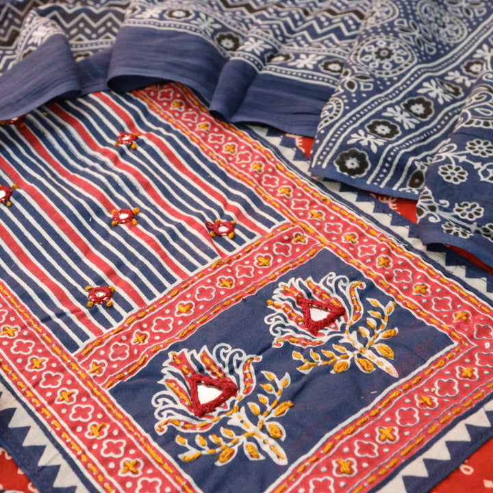 Rubayat Carnation Red Mirror Neck Work in Printed Cotton Suit Set