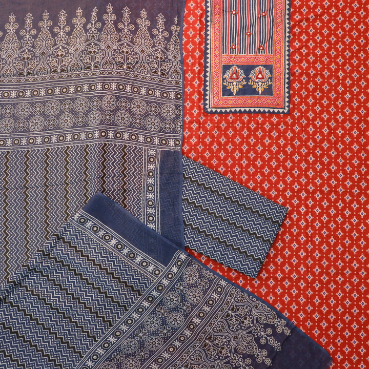 Rubayat Carnation Red Mirror Neck Work in Printed Cotton Suit Set