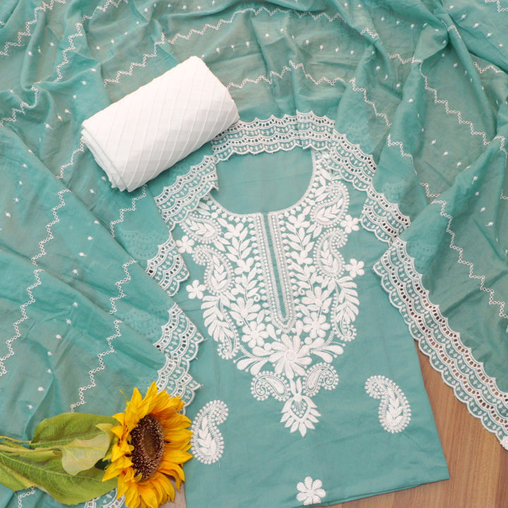 Suroor Scralet Teal Chikankari Inspired Neck Thread Work Cotton Suit Set