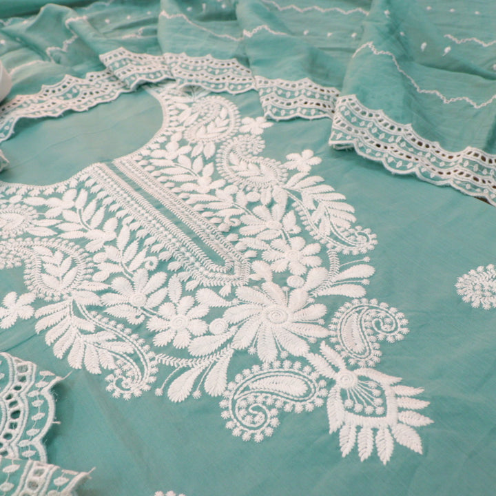 Suroor Scralet Teal Chikankari Inspired Neck Thread Work Cotton Suit Set