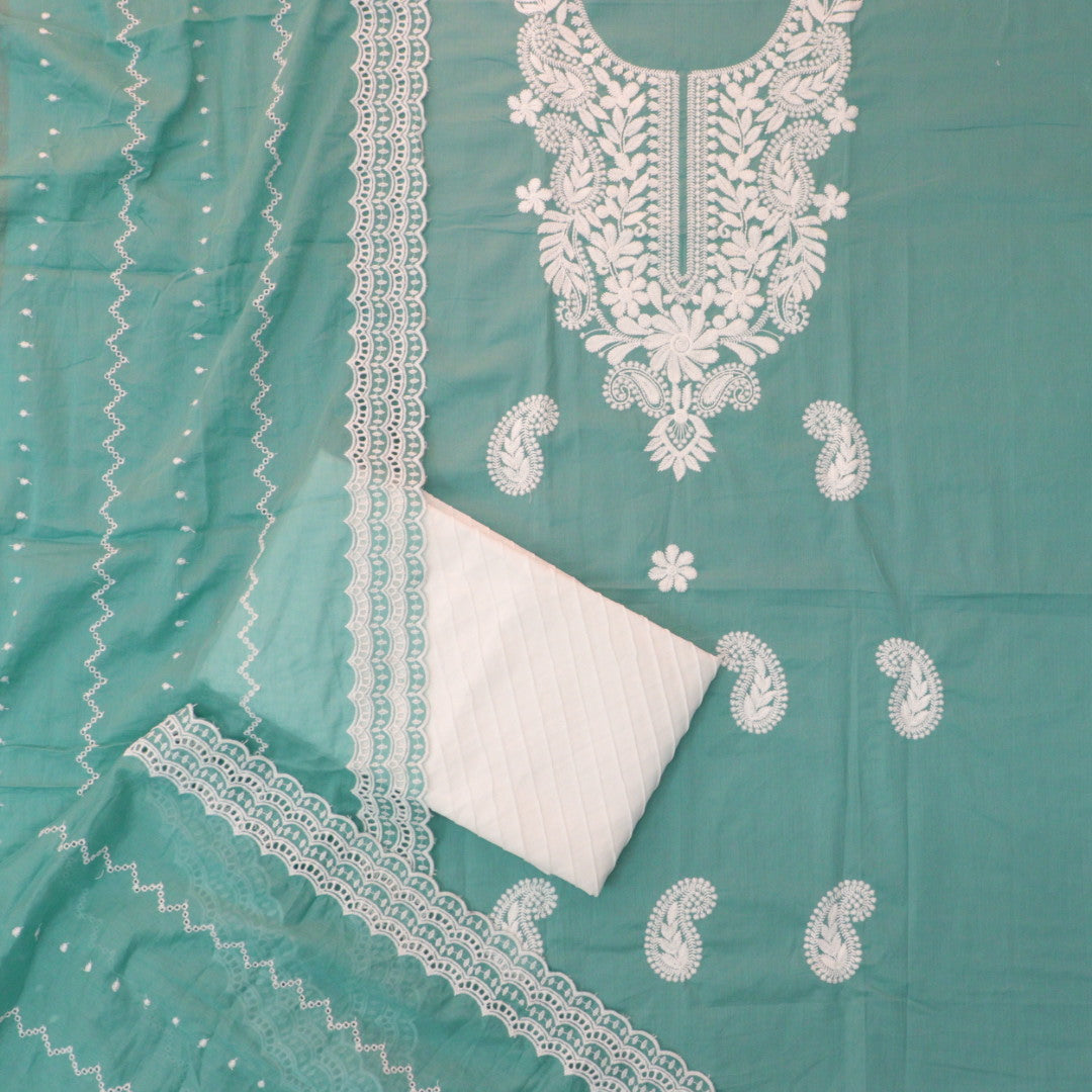 Suroor Scralet Teal Chikankari Inspired Neck Thread Work Cotton Suit Set