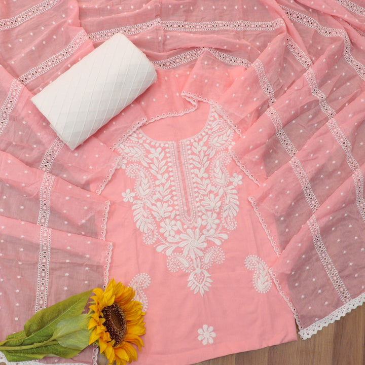 Suroor Pastel Pink Chikankari Inspired Neck Thread Work Cotton Suit Set