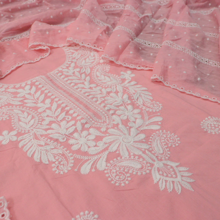 Suroor Pastel Pink Chikankari Inspired Neck Thread Work Cotton Suit Set