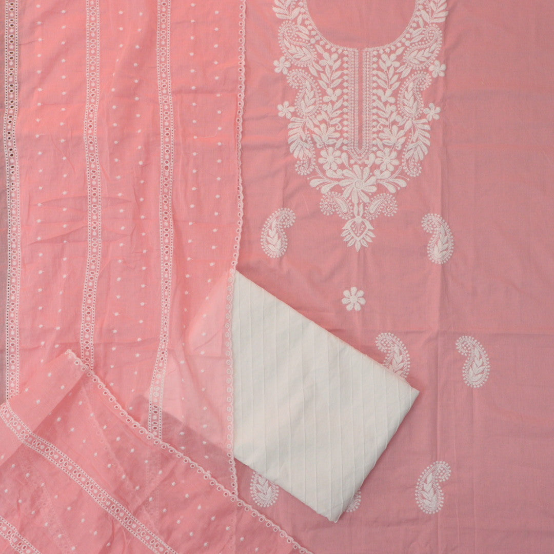 Suroor Pastel Pink Chikankari Inspired Neck Thread Work Cotton Suit Set