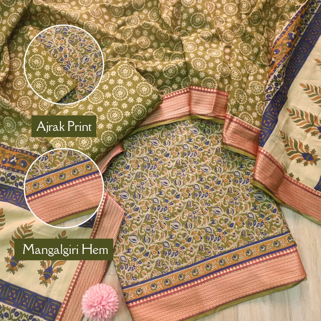 Lagauni Grass Green Ajrak Printed Work With Mangalgiri Hem Cotton Suit Set