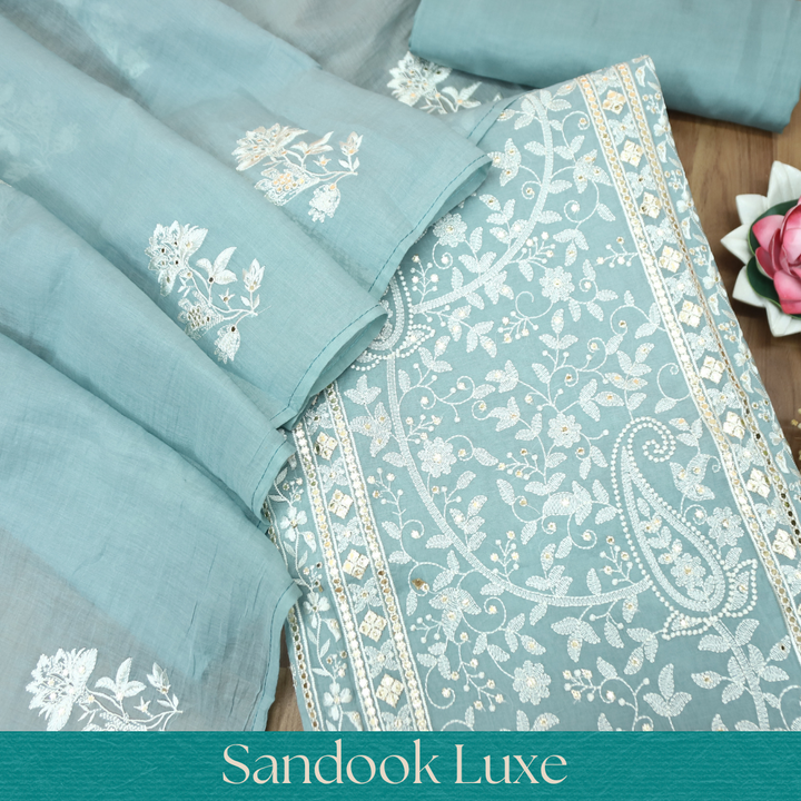Vamika Fossil Grey Chikankari Panel Mul Chanderi Set