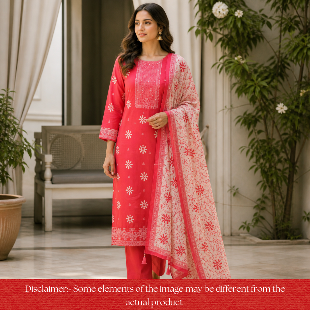 Saajan Cranberry Pink French Knot Batick Printed Cotton Set