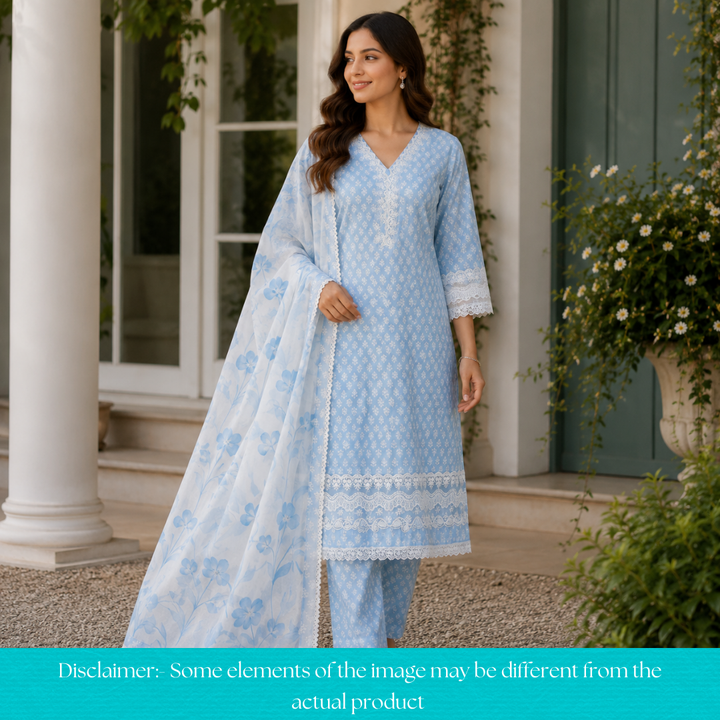 Aashna Piper Blue Floral Printed V Neck Lace Work Cotton Set