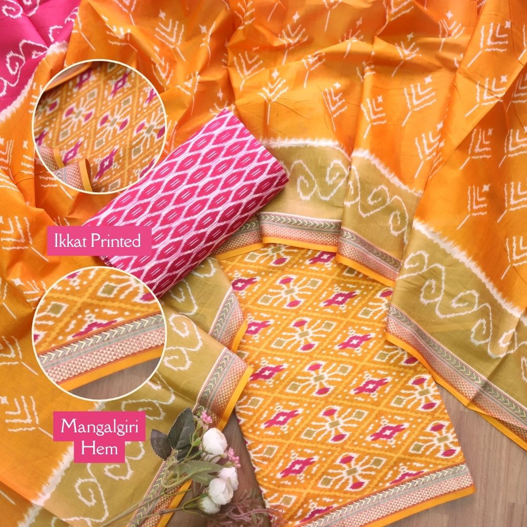 Kaasvi Orange Yellow Ikkat Printed Mangalgiri Hem Work Cotton Suit Set