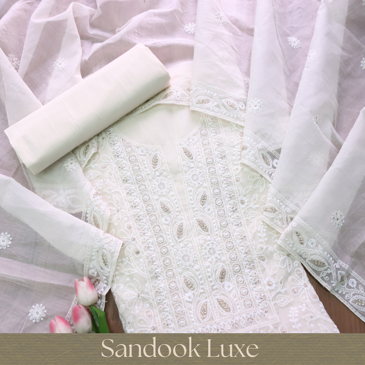 Luxe Shell White Zari with Thread Embroidered Chanderi Set