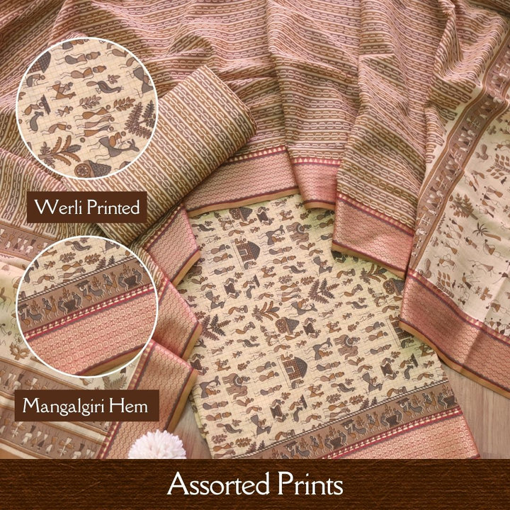 Zinat Sand Cream Warli Printed in Mangalgiri Hem Work Cotton Suit Set
