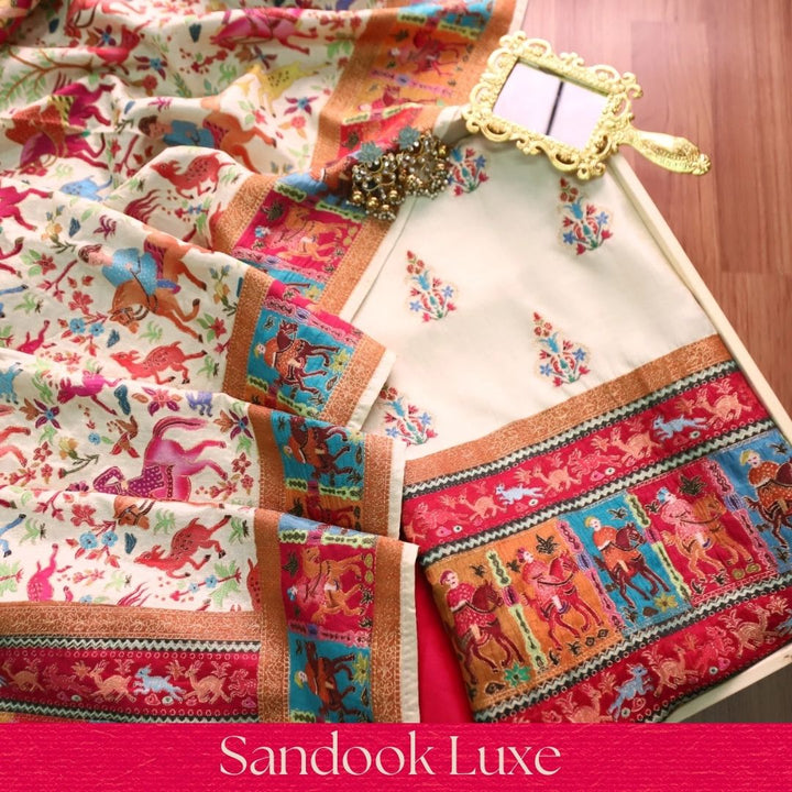 Saraayah Cream Luxe Pochampally Print in Pogishan Jacquard Weaved Gajji Silk Set