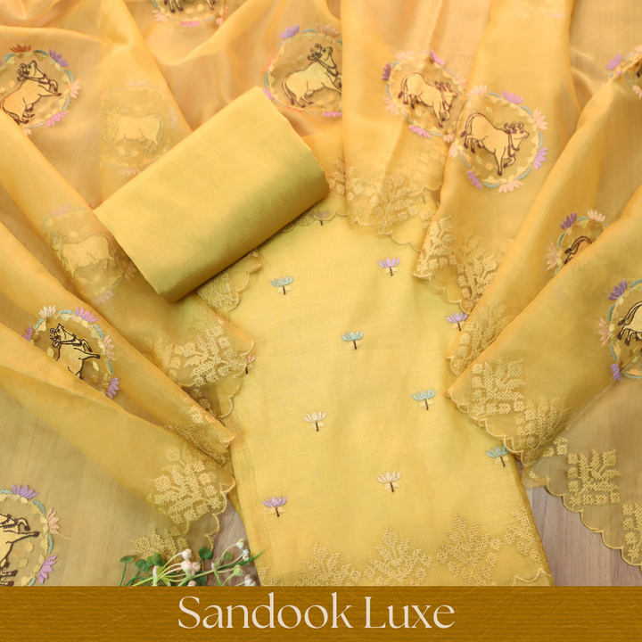 Ambarsi Dandelion Yellow Cross-Stitch Thread Work Chanderi Set