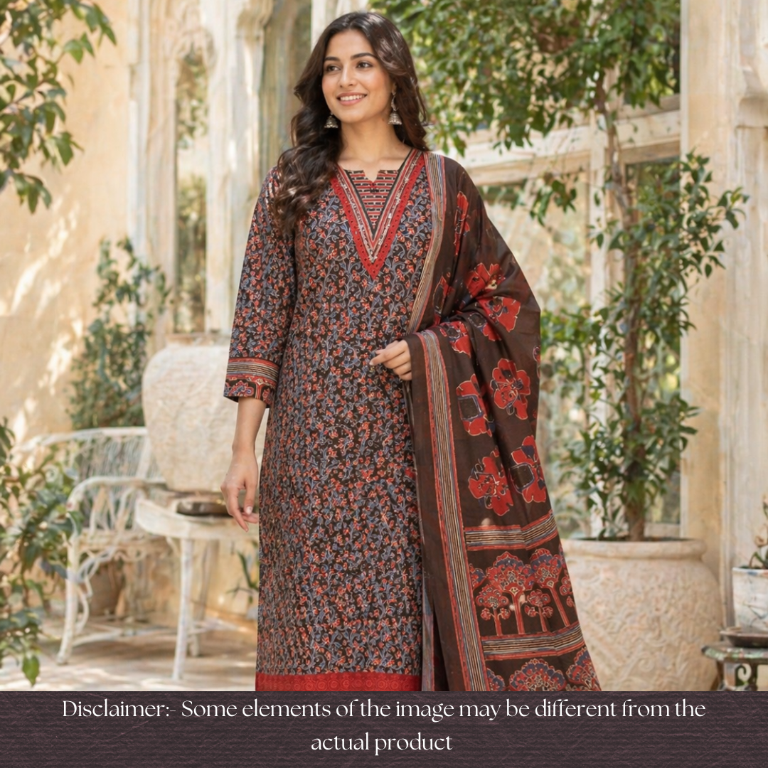 Sourya Faded Blue Lace Work in Ajrakh Print Cotton Set