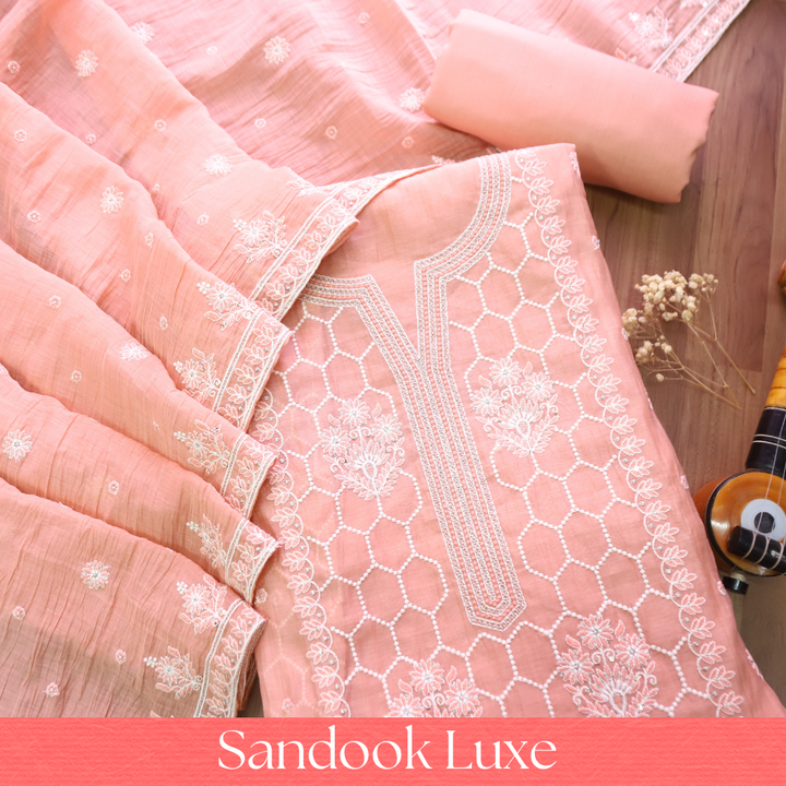 Vamika Pumpkin Peach Embroidered Panel Mul Chanderi Set