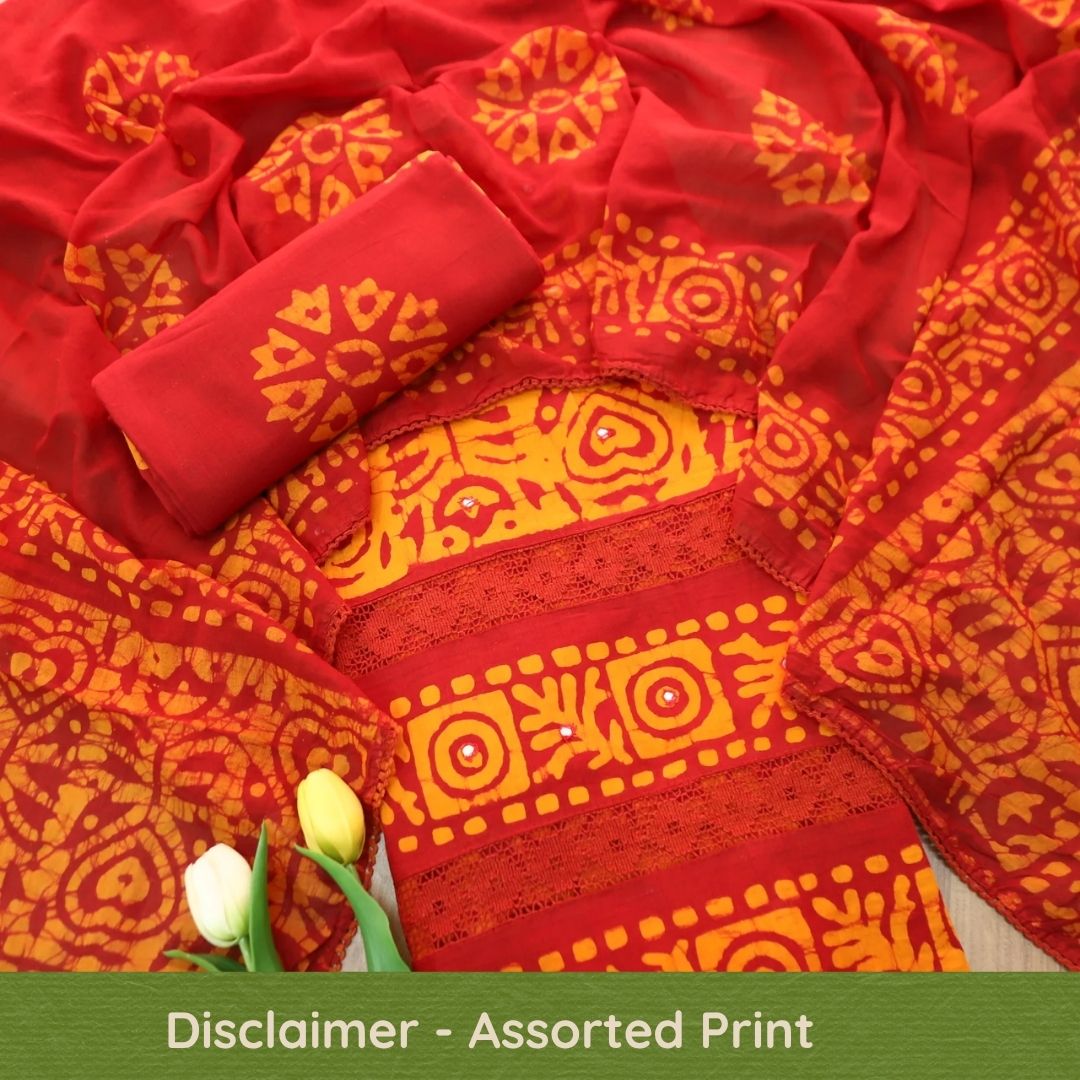 Sanskriti Burnt Rust All Over Batik Printed Work with Lace Cotton Suit Set