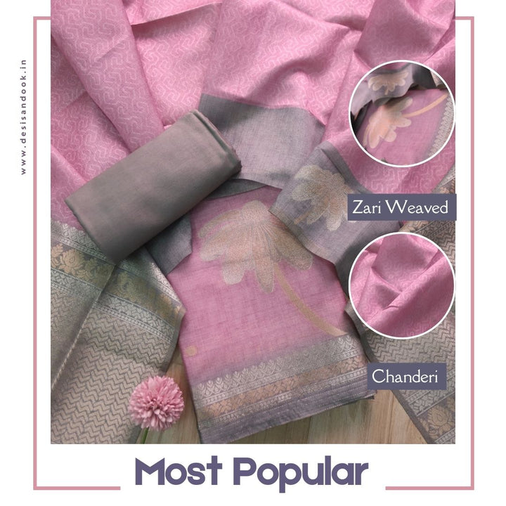 Barista Rossy Pink All Over Zari Weaved Work Chanderi Suit Set