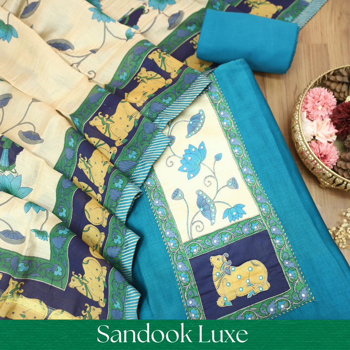 Harshi Cerulean Teal Pichwai Patch with Patra Maheswari Silk Set