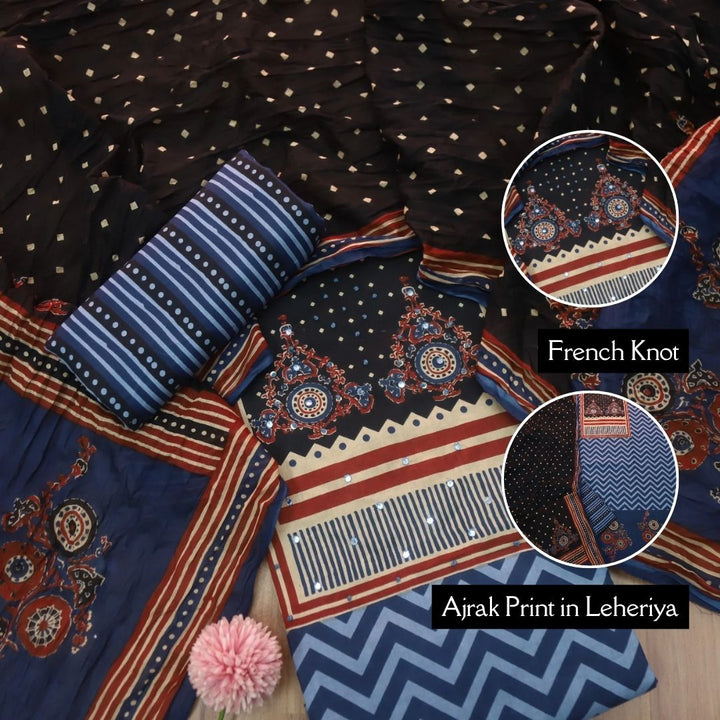 Rivaya Cerulean Blue French Knot Ajrak Print in Leheriya Printed Cotton Suit Set