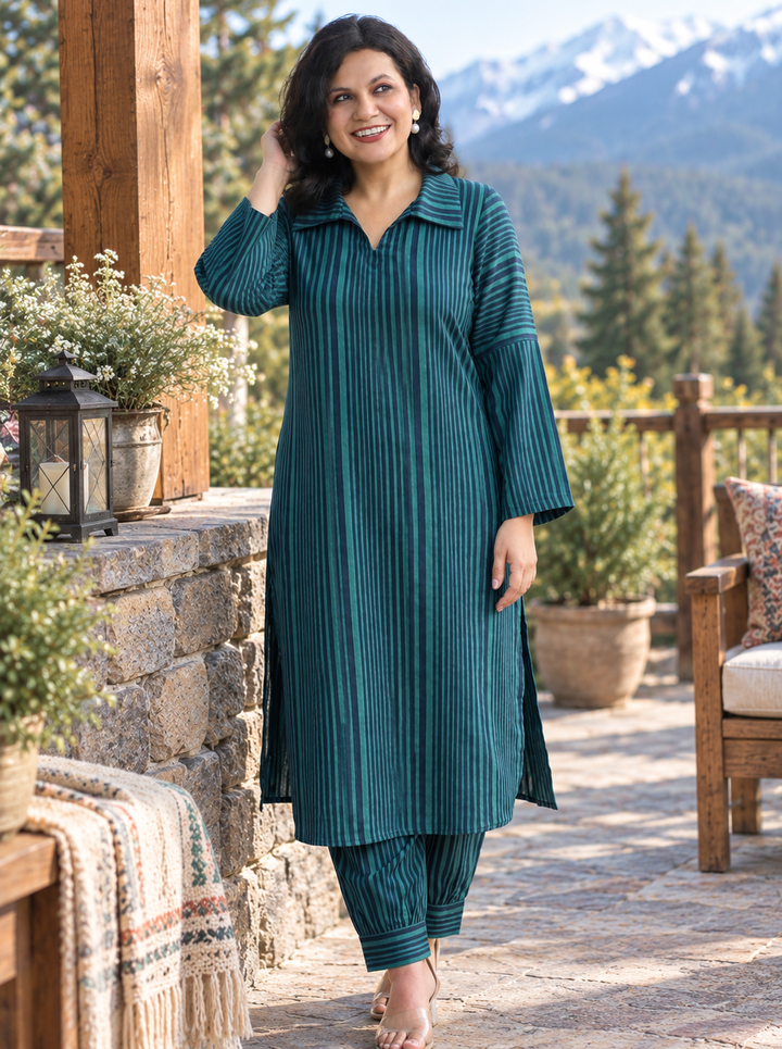 Chehak Cerulean Blue Stripe Print Winter Twill Co-ord Set