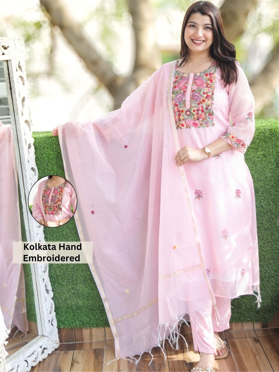Jane Candy Pink Kolkata Hand Embroidery Kota Doriya Set