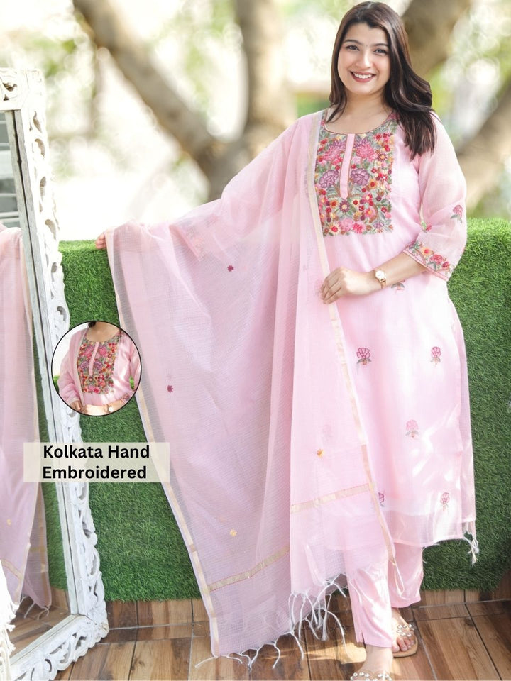Jane Candy Pink Kolkata Hand Embroidery Kota Doriya Set