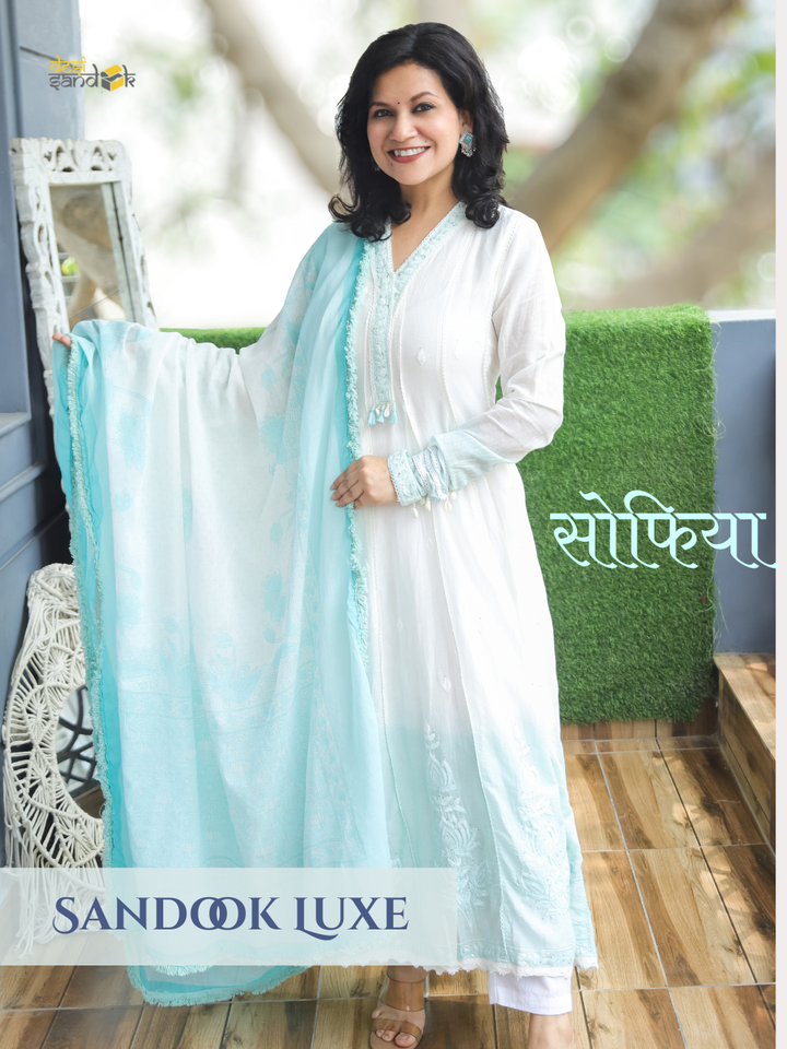 Sophia White Blue Mul Cotton Anarkali Set