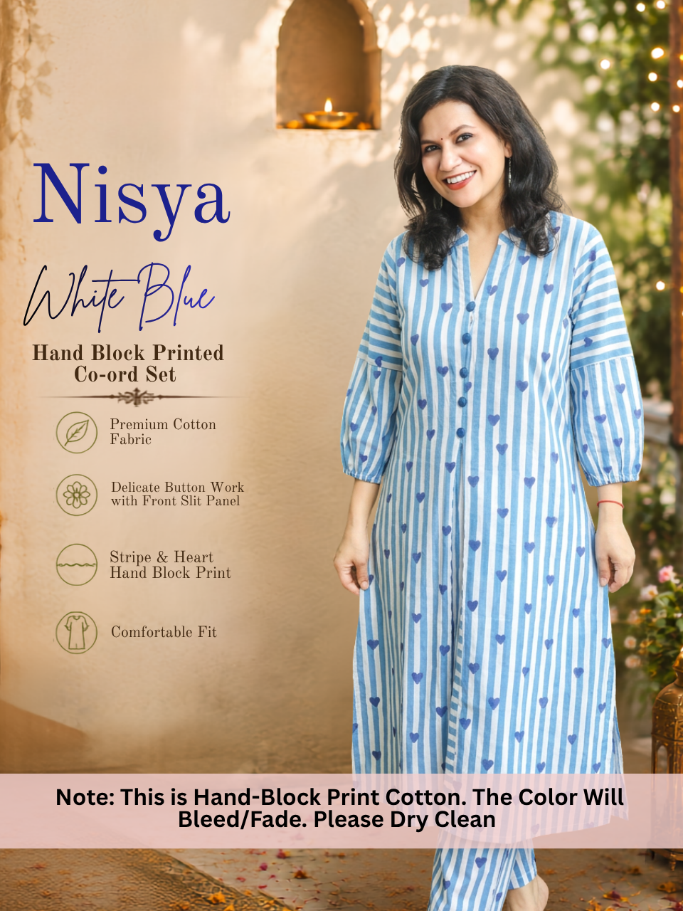 Nisya White with Blue Hand-Block Stripe Printed Cotton Co-ord Set