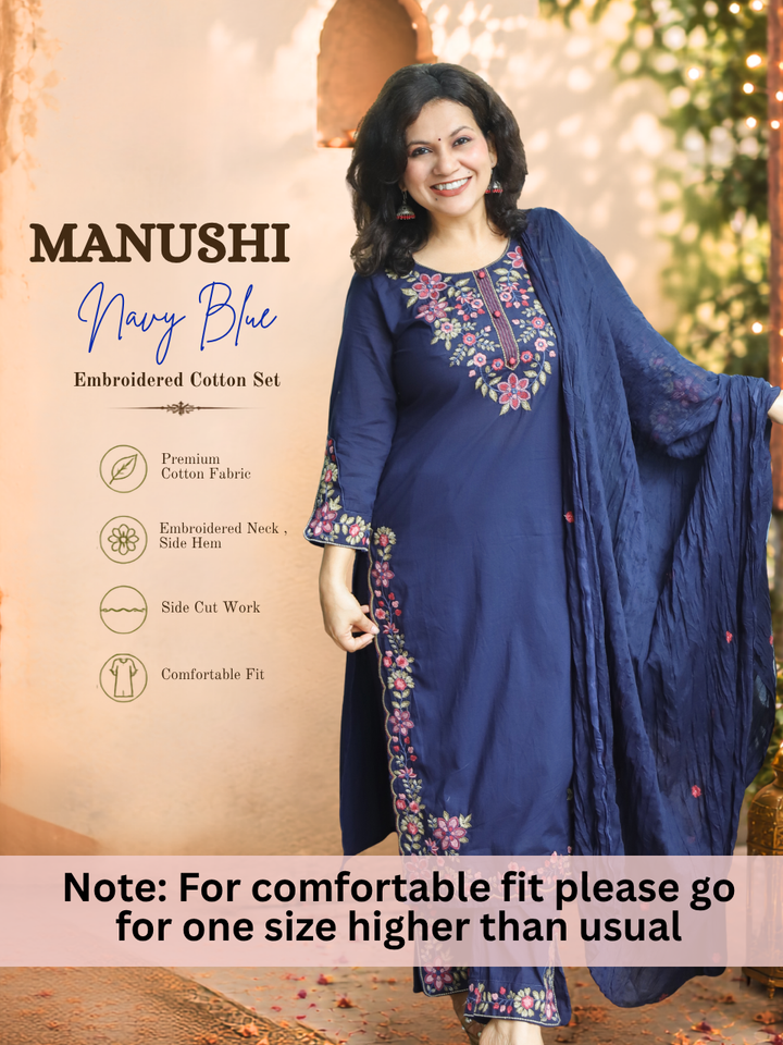 Manushi Navy Blue Embroidered Cotton 3 Piece Set
